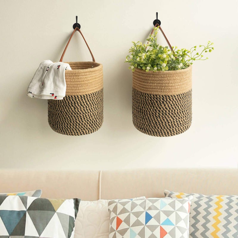 Goodpick 2pack Jute Rope Hanging Basket - 7.87" x 7" Small Woven Fern Wall Hanging Basket Flower Plants, Woven Storage, Black and Jute - Image 3